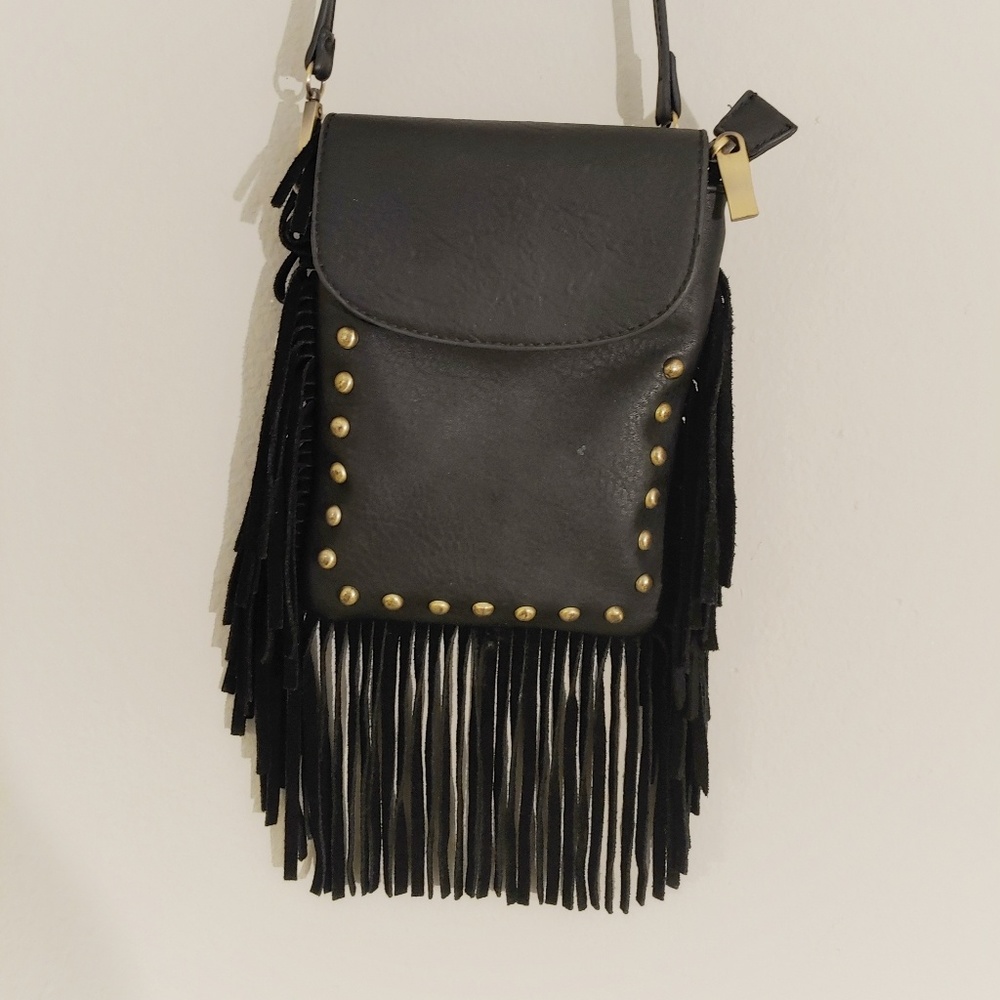 Black leather cross body purse with fringe